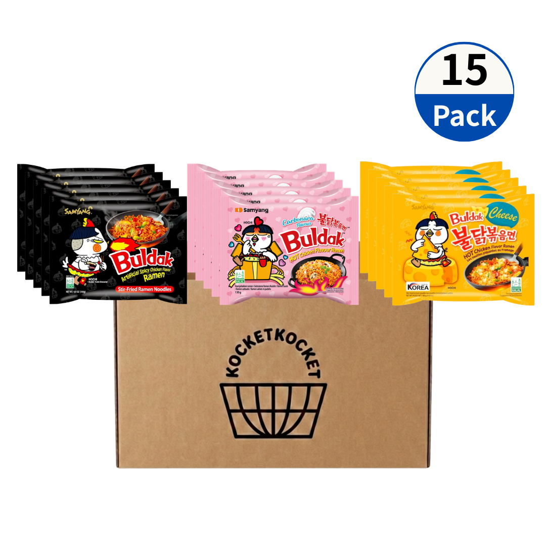 Samyang Buldak Ramen Challenge Box | Koreanische Scharfe Nudeln | Carbonara, Käse & Original | K-Food Snack Box | Spicy Noodle Bestseller Pack