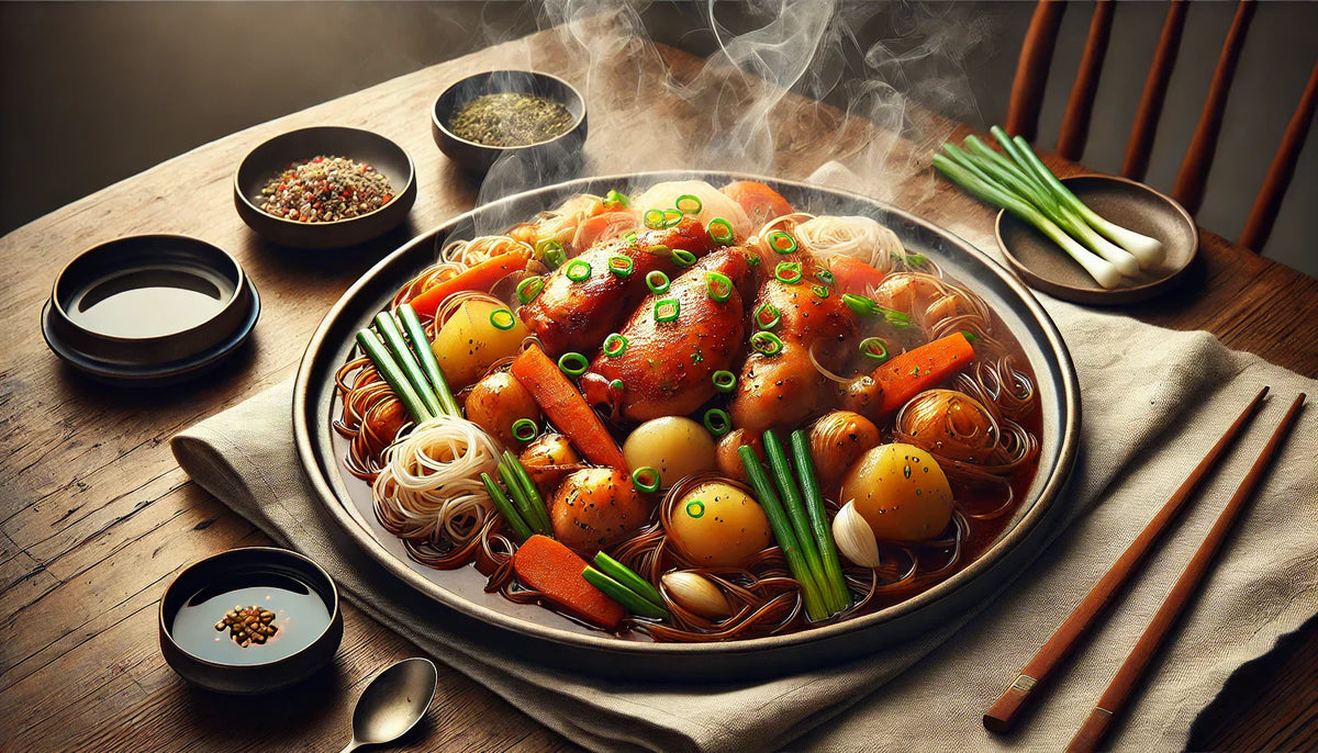 Geschmortes Hähnchen mit Sojasauce (Jjimdak) | 찜닭