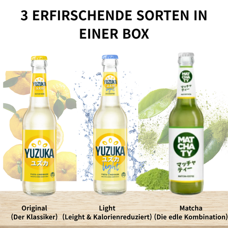 KOCKET DOYOBI YUZUKA Japanische Limonade & Matcha Tee Mix, Premium Probierpaket (Original, Light, Matcha), 330ml Glasflasche, Erfrischungsgetränk