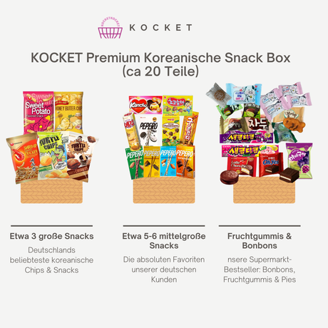 KOCKET Premium Koreanische Snack Box, 20+ Teile, mit Turtle Chips Choco & Corn, Saekom-Dalkom, Süßkartoffel Snacks, Authentische Süßigkeiten & Chips, Geschenkbox